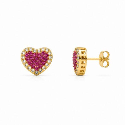 Brinco Coração Zircônia Cristal e Rosa Banhado a Ouro