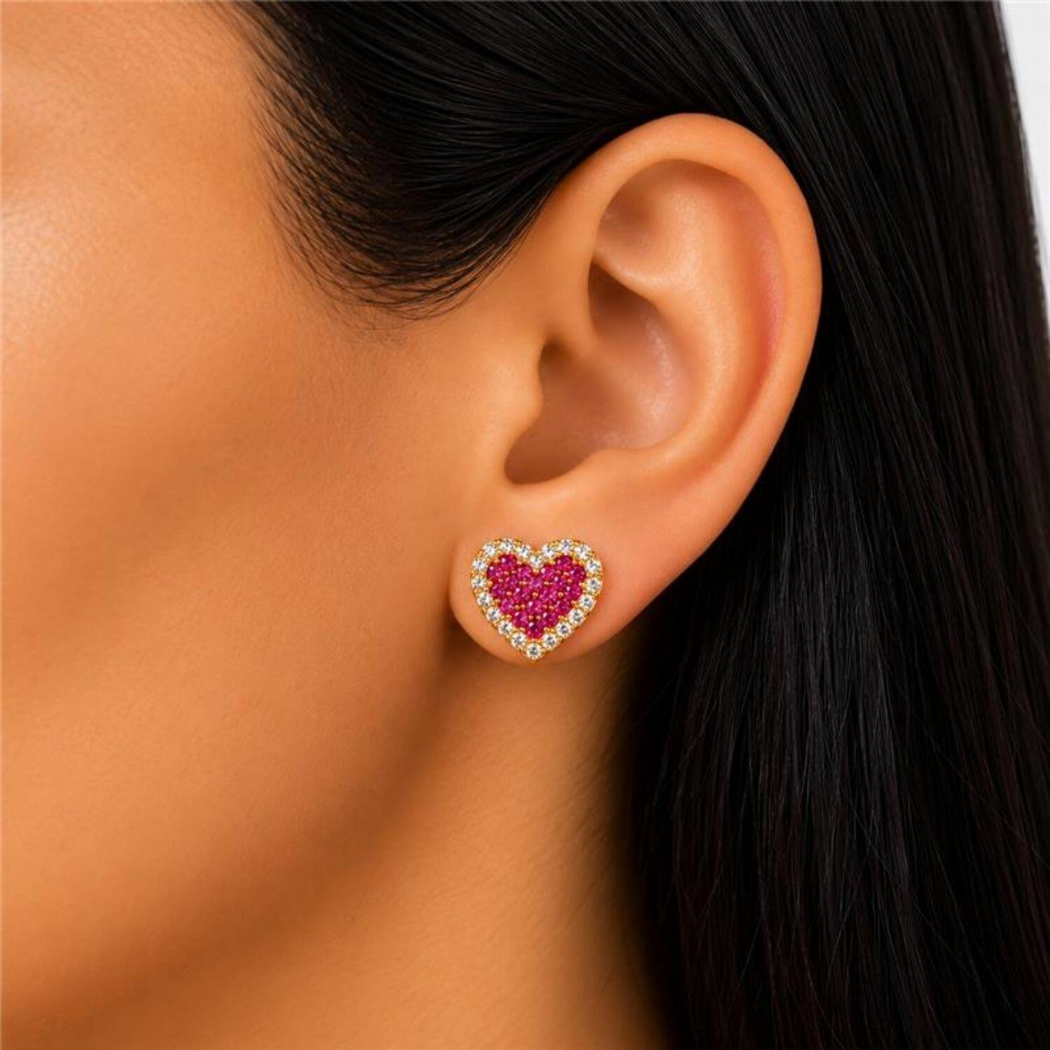 Brinco Coração Zircônia Cristal e Rosa Banhado a Ouro