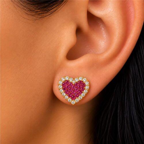Brinco Coração Zircônia Cristal e Rosa Banhado a Ouro
