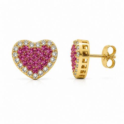 Brinco Cora��o Zirc�nia Cristal e Rosa Banhado a Ouro