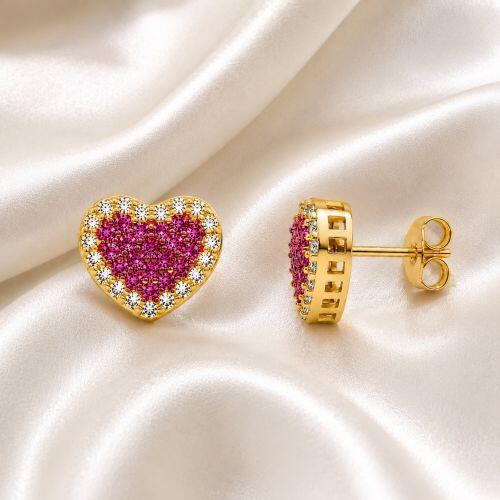 Brinco Coração Zircônia Cristal e Rosa Banhado a Ouro