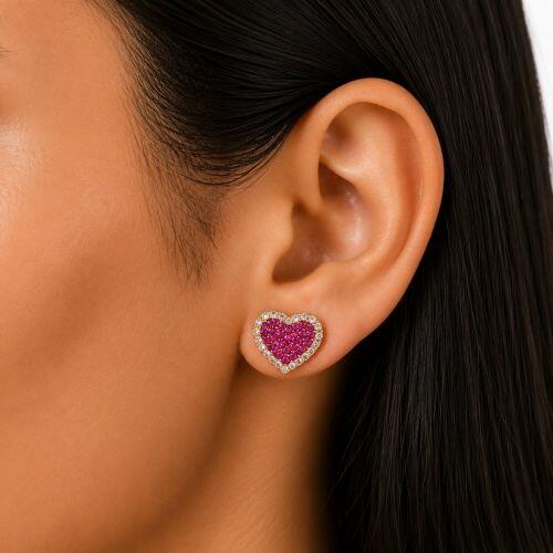 Brinco Cora��o Zirc�nia Cristal e Rosa Banhado a Ouro