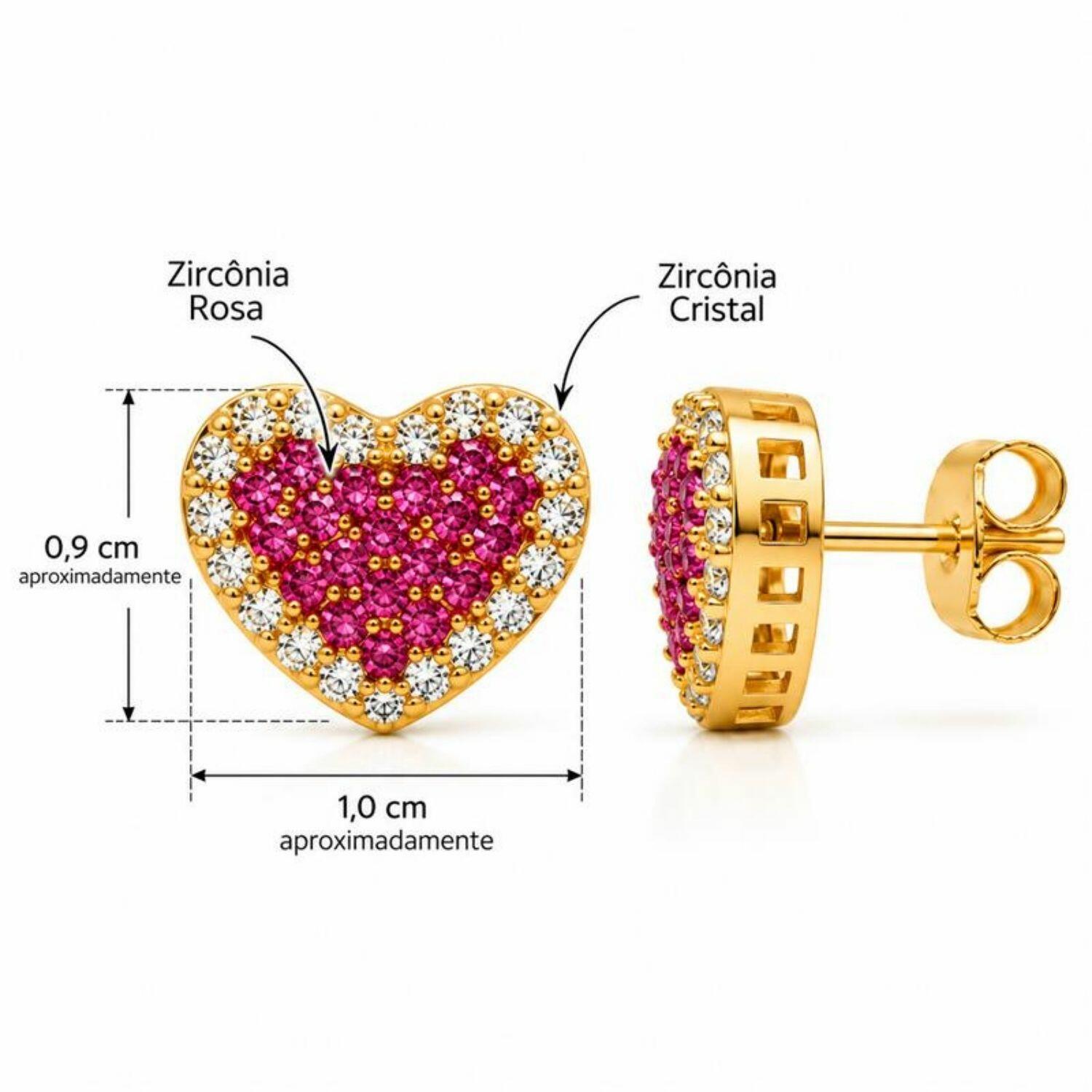 Brinco Coração Zircônia Cristal e Rosa Banhado a Ouro