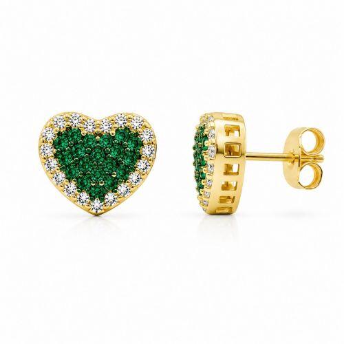 Brinco Cora��o Zirc�nia Cristal e Esmeralda Banhado a Ouro