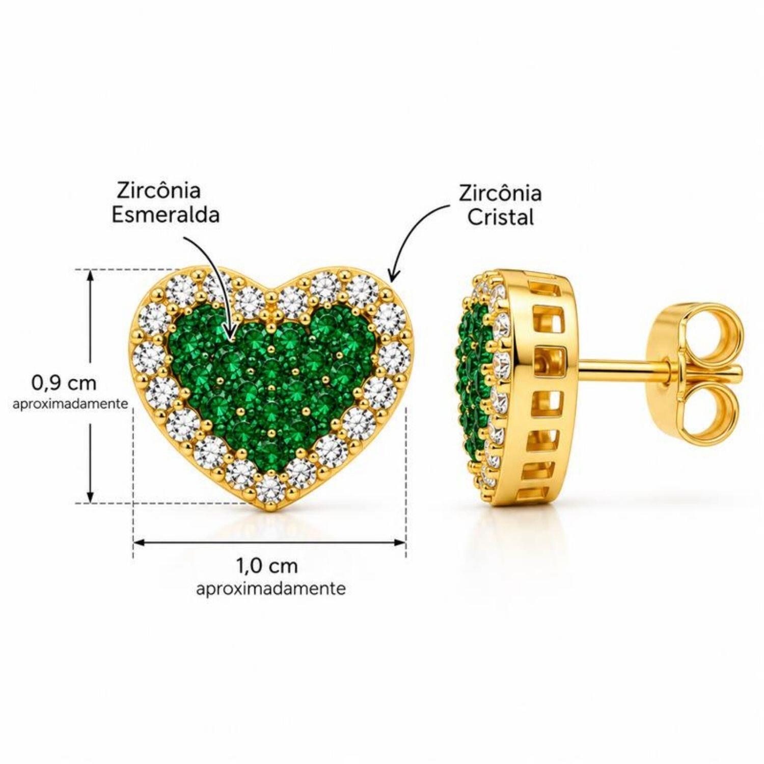 Brinco Coração Zircônia Cristal e Esmeralda Banhado a Ouro