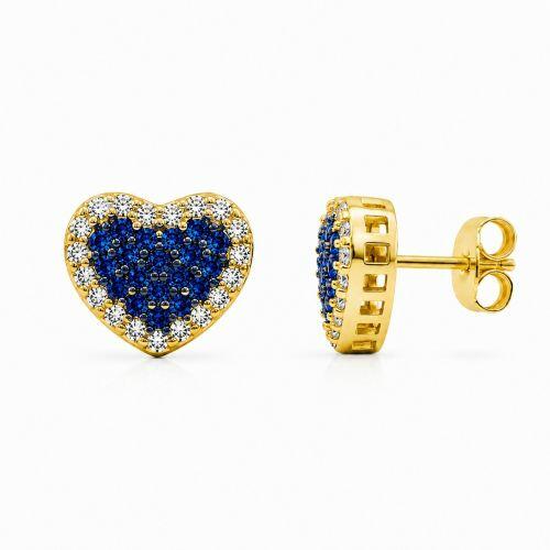 Brinco Coração Zircônia Cristal e Azul Banhado a Ouro