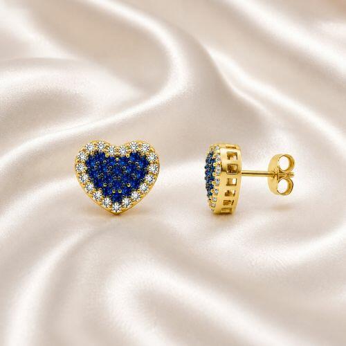 Brinco Coração Zircônia Cristal e Azul Banhado a Ouro