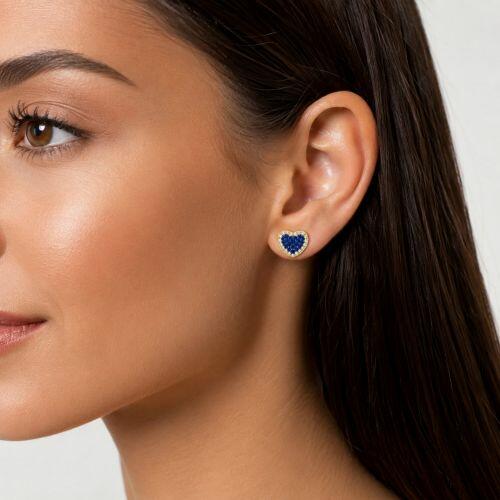 Brinco Coração Zircônia Cristal e Azul Banhado a Ouro