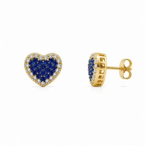 Brinco Coração Zircônia Cristal e Azul Banhado a Ouro