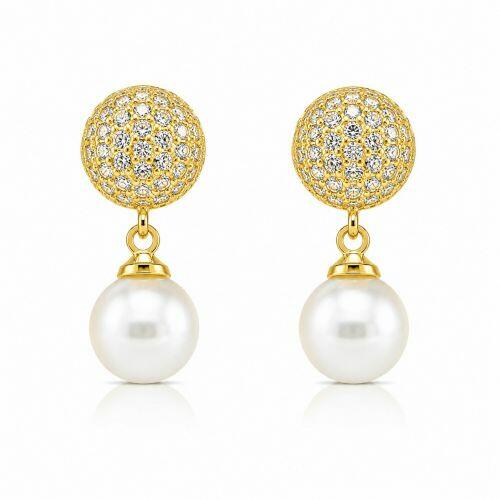Brinco Meia Bola Micro Zirc�nia Cristal com P�rola Banhado a Ouro