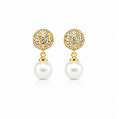 Brinco Meia Bola Micro Zirc�nia Cristal com P�rola Banhado a Ouro