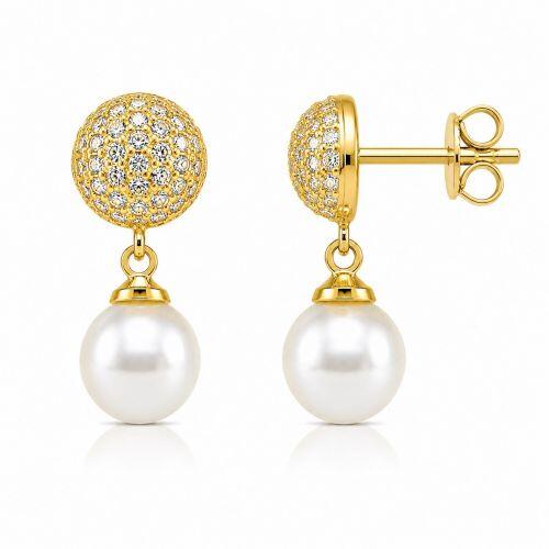 Brinco Meia Bola Micro Zirc�nia Cristal com P�rola Banhado a Ouro