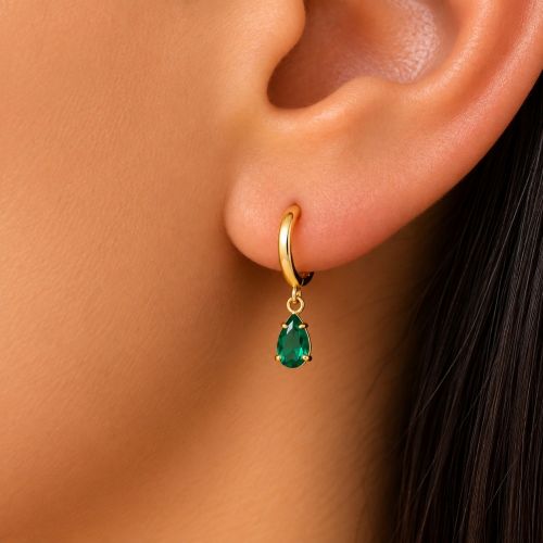 Brinco Argola com Gota Zircônia Turmalina Banhado a Ouro