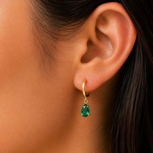 Brinco Argola com Gota Zirc�nia Turmalina Banhado a Ouro
