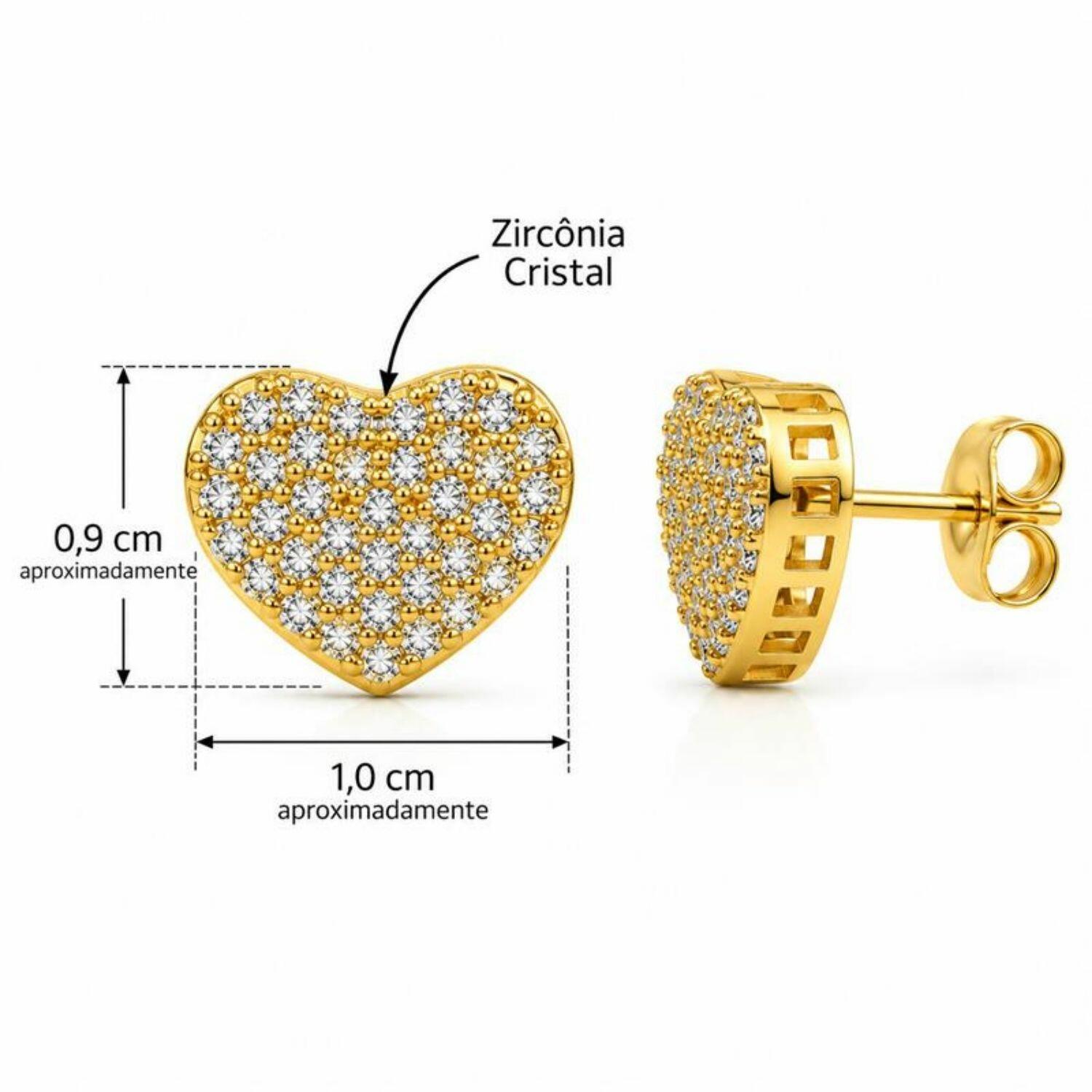 Brinco Coração Zircônia Cristal Banhado a Ouro