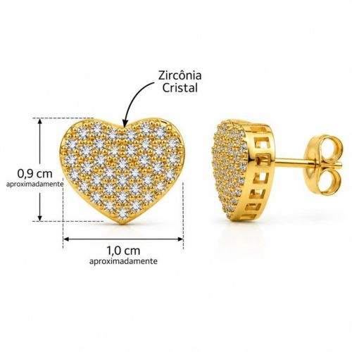 Brinco Coração Zircônia Cristal Banhado a Ouro