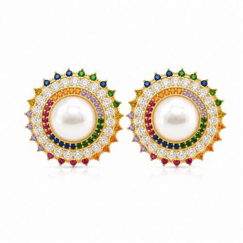 Brinco Pizza Zirc�nia Colorida e P�rola Banhado a Ouro