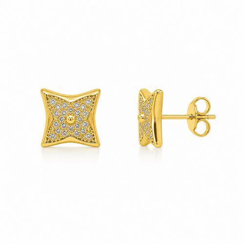 Brinco Flor 4 P�talas Micro Zirc�nia Cristal com Detalhes Banhado a Ouro