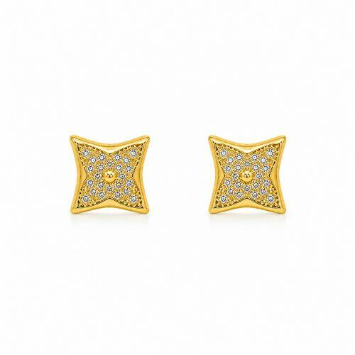 Brinco Flor 4 Pétalas Micro Zircônia Cristal com Detalhes Banhado a Ouro