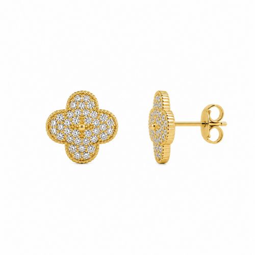 Brinco Flor 4 P�talas Micro Zirc�nia Cristal Banhado a Ouro