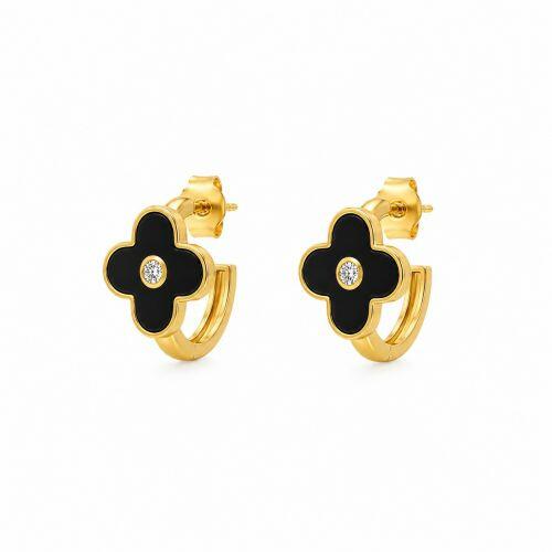Brinco Argola com Flor 4 P�talas Resina Negra Banhado a Ouro
