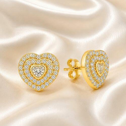 Brinco Coração com 2 Fileiras Zircônia Cristal Banhado a Ouro