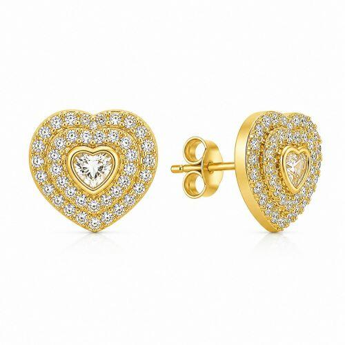 Brinco Coração com 2 Fileiras Zircônia Cristal Banhado a Ouro
