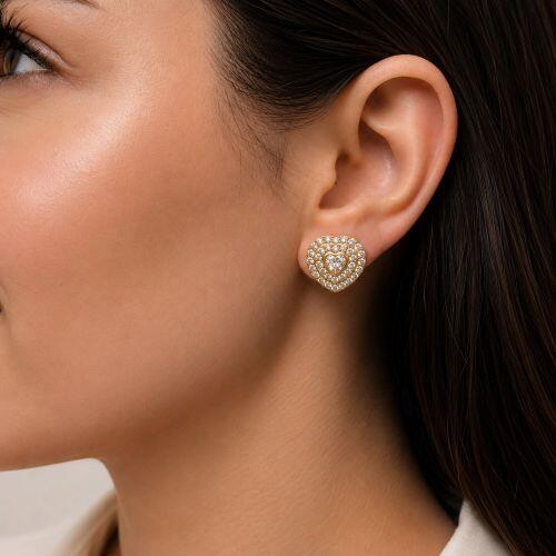 Brinco Coração com 2 Fileiras Zircônia Cristal Banhado a Ouro