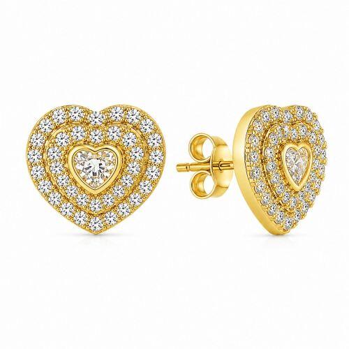 Brinco Cora��o com 2 Fileiras Zirc�nia Cristal Banhado a Ouro