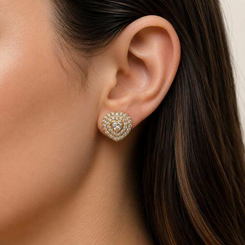 Brinco Cora��o com 2 Fileiras Zirc�nia Cristal Banhado a Ouro