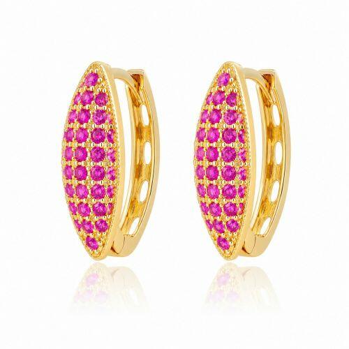 Brinco Argola 5 Fileiras Micro Zircônia Rosa Pink Banhado a Ouro