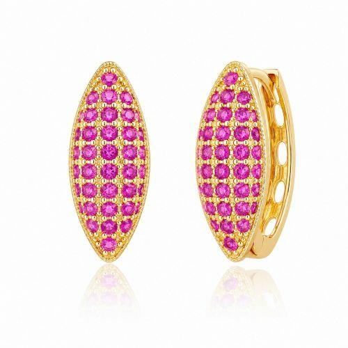 Brinco Argola 5 Fileiras Micro Zircônia Rosa Pink Banhado a Ouro