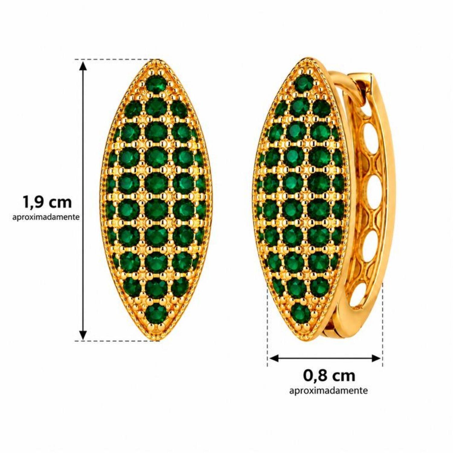 Brinco Argola 5 Fileiras Micro Zircônia Esmeralda Banhado a Ouro