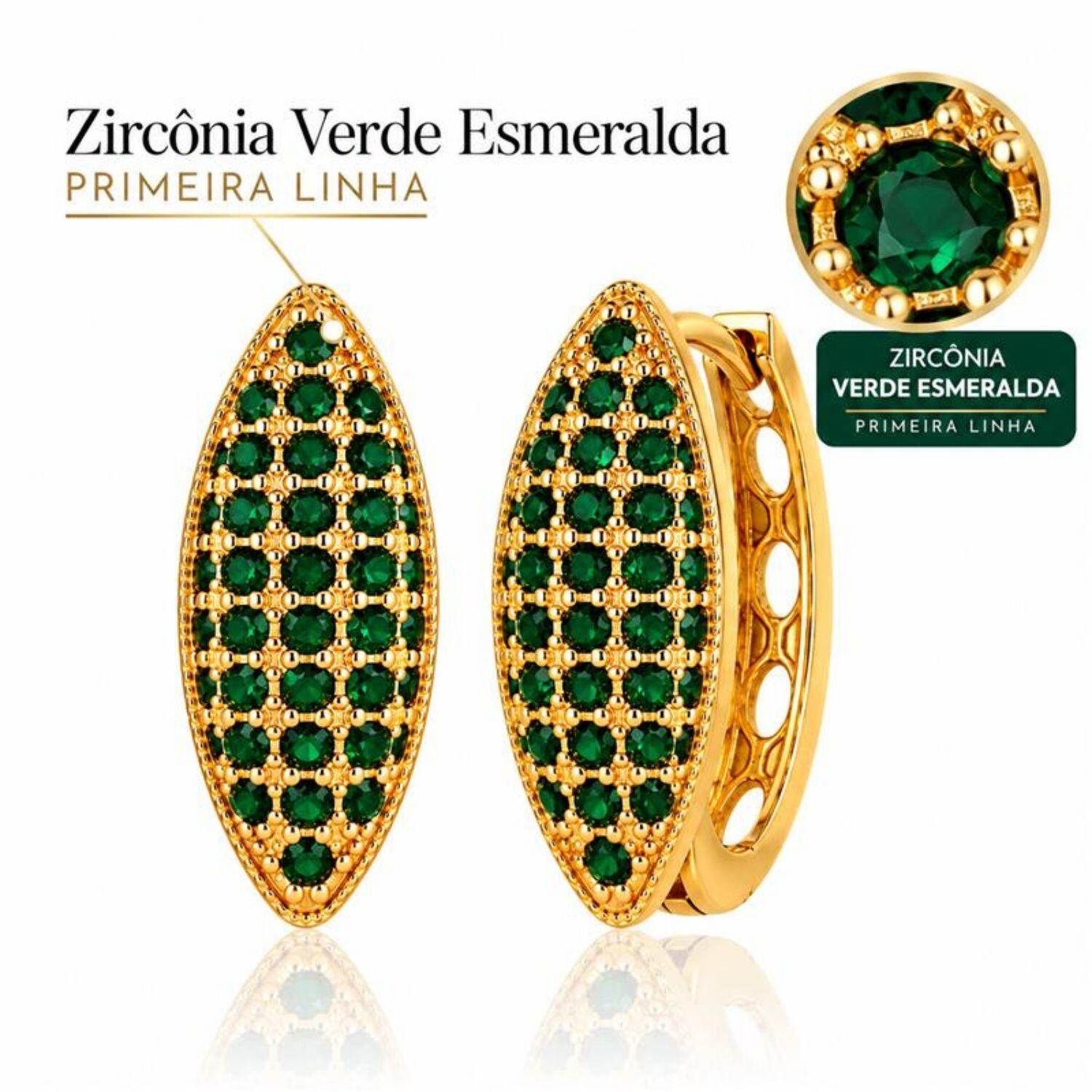 Brinco Argola 5 Fileiras Micro Zircônia Esmeralda Banhado a Ouro