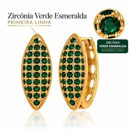 Brinco Argola 5 Fileiras Micro Zircônia Esmeralda Banhado a Ouro