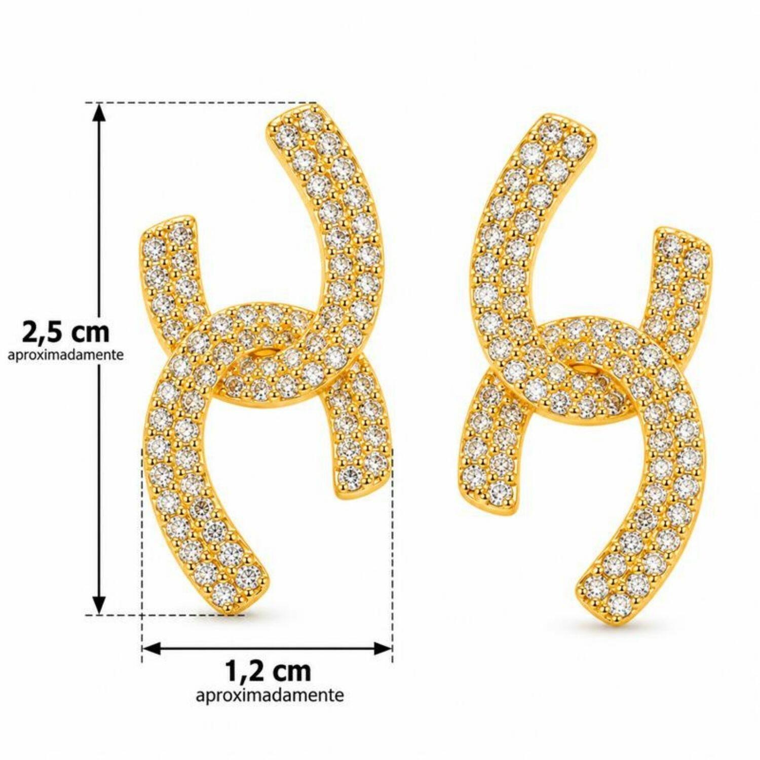 Brinco Formas com 2 Fileiras de Micro Zircônia Banhado a Ouro