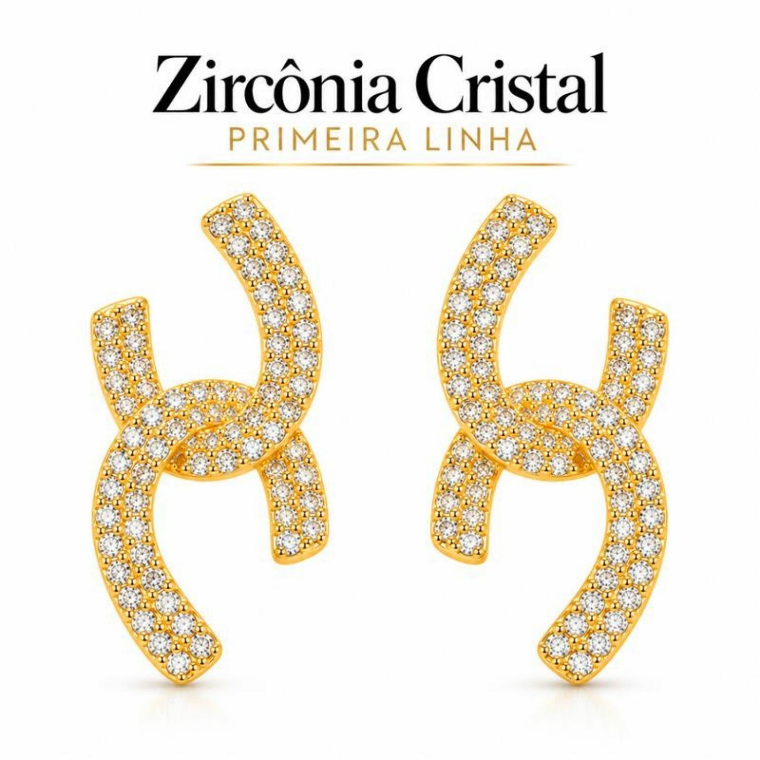 Brinco Formas com 2 Fileiras de Micro Zircônia Banhado a Ouro