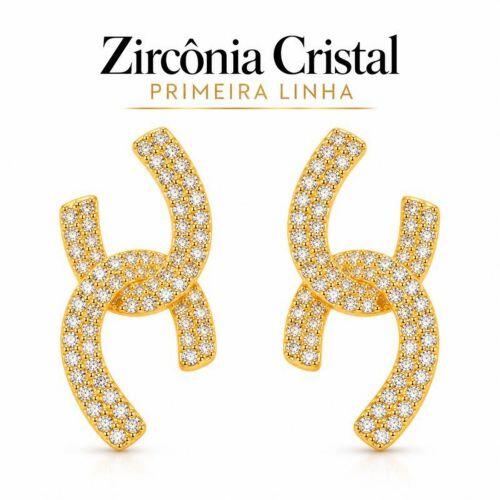 Brinco Formas com 2 Fileiras de Micro Zircônia Banhado a Ouro