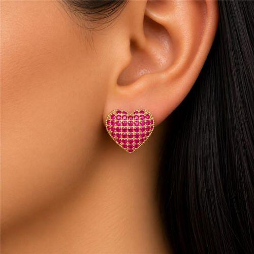 Brinco Argola Coração Micro Zircônia Rosa Pink Banhado a Ouro