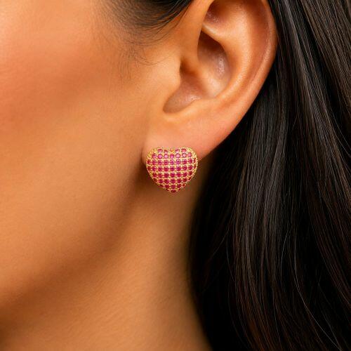 Brinco Argola Cora��o Micro Zirc�nia Rosa Pink Banhado a Ouro