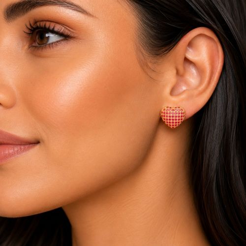 Brinco Argola Coração Micro Zircônia Rosa Pink Banhado a Ouro