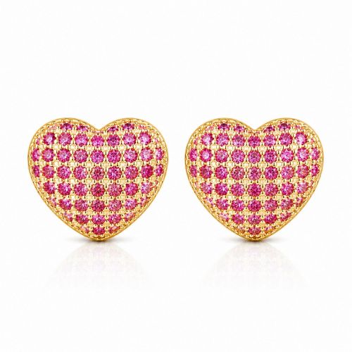 Brinco Argola Coração Micro Zircônia Rosa Pink Banhado a Ouro