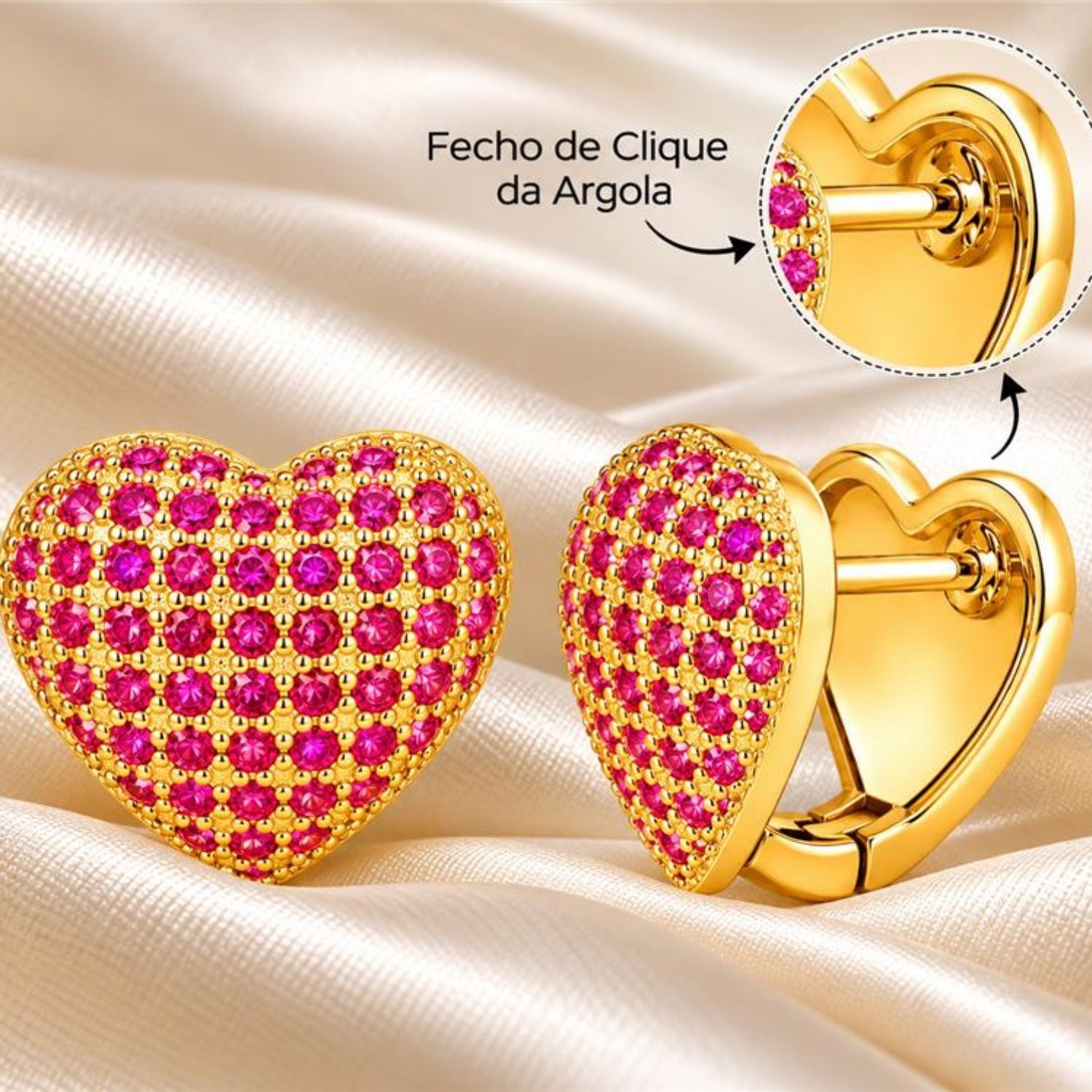 Brinco Argola Coração Micro Zircônia Rosa Pink Banhado a Ouro