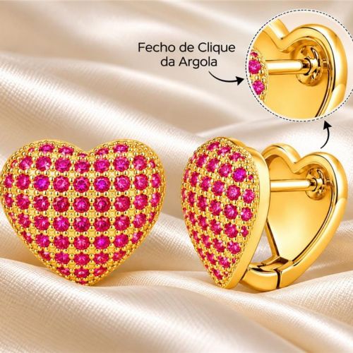 Brinco Argola Coração Micro Zircônia Rosa Pink Banhado a Ouro
