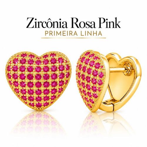 Brinco Argola Coração Micro Zircônia Rosa Pink Banhado a Ouro