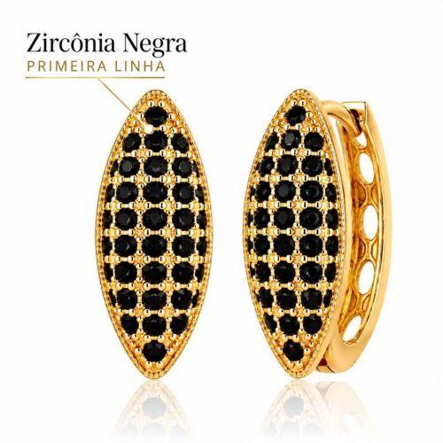 Brinco Argola 5 Fileiras Micro Zircônia Negra Banhado a Ouro