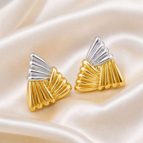 Brinco Formas Triângulo com Detalhes 2 Banhos Ródio Branco e Ouro