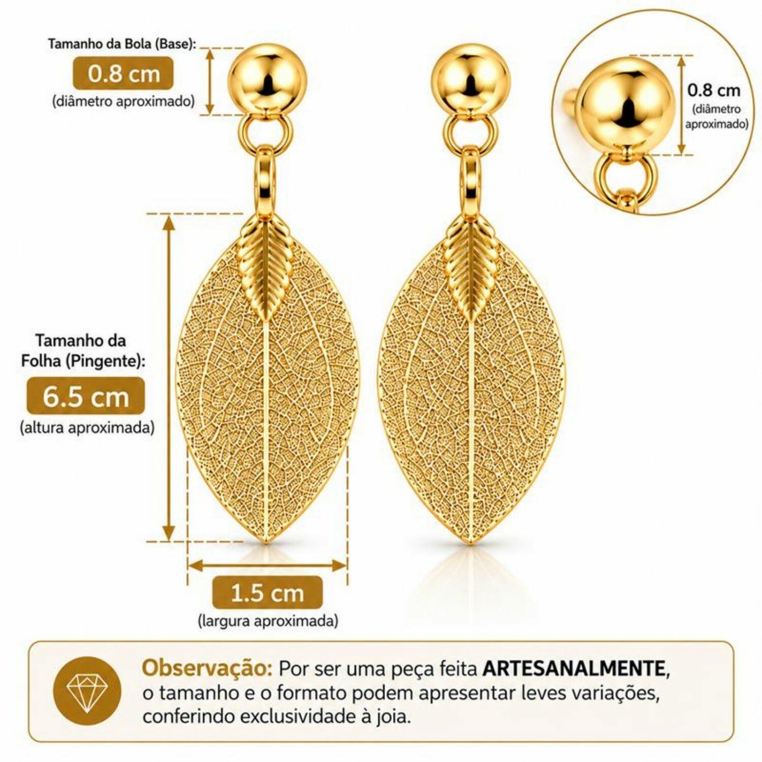 Brinco Meia Bola com Pingente Folha com Detalhes Banhado a Ouro