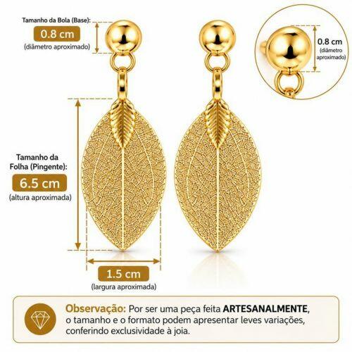 Brinco Meia Bola com Pingente Folha com Detalhes Banhado a Ouro