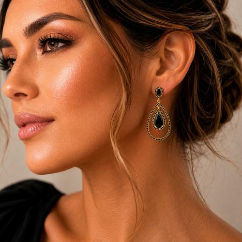 Brinco Luxury Gotas Zirc�nia Negra Banhado a Ouro